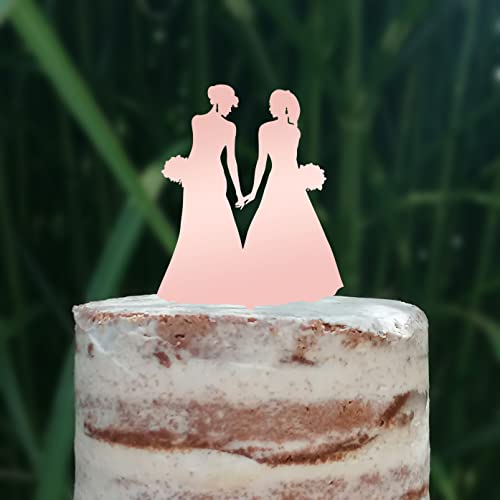 Cake Topper (Frauenpaar), Mrs & Mrs, Hochzeit, Verlobung, Trauung, Acryl/Holz, Tortenstecker, Tortenfigur, Tortendeko, Hochzeitstorte, Frau und Frau, Gay, Lesbisch, Cake Board (Rose-Gold) von Blacked LaserTEC