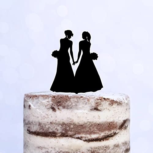 Cake Topper (Frauenpaar), Mrs & Mrs, Hochzeit, Verlobung, Trauung, Acryl/Holz, Tortenstecker, Tortenfigur, Tortendeko, Hochzeitstorte, Frau und Frau, Gay, Lesbisch, Cake Board (Schwarz) von Blacked LaserTEC