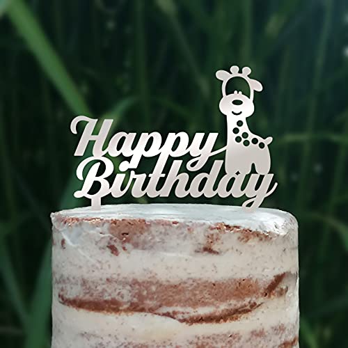 Cake Topper (Happy Birthday) Acryl/Holz, Tortenstecker, Tortenfigur, Tortendeko, Geburtstagstorte, Tortenständer, Geburtstag, Giraffe (Silber) von Blacked LaserTEC