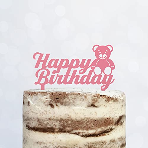 Cake Topper (Happy Birthday) Acryl/Holz Teddy Bär Tortenstecker, Tortenfigur, Tortendeko, Torte, Tortenständer, Geburtstag (Rosa) von Blacked LaserTEC
