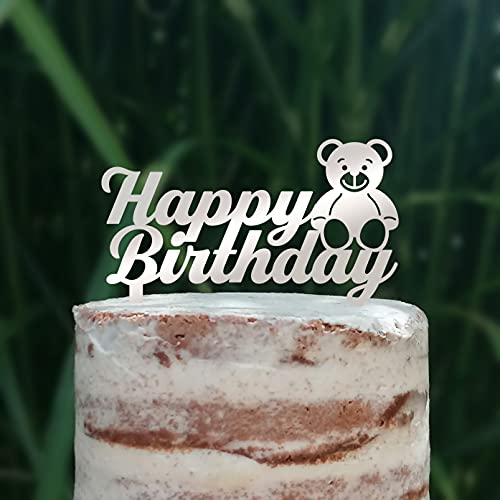 Cake Topper (Happy Birthday) Acryl/Holz Teddy Bär Tortenstecker, Tortenfigur, Tortendeko, Torte, Tortenständer, Geburtstag (Silber) von Blacked LaserTEC