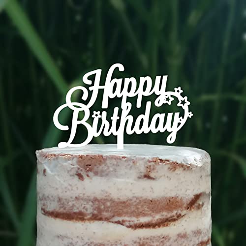 Cake Topper (Happy Birthday) Geburtstag, Sterne, Acryl/Holz, Tortenstecker, Tortenfigur, Tortendeko, Torte, Tortenständer (Weiß) von Blacked LaserTEC
