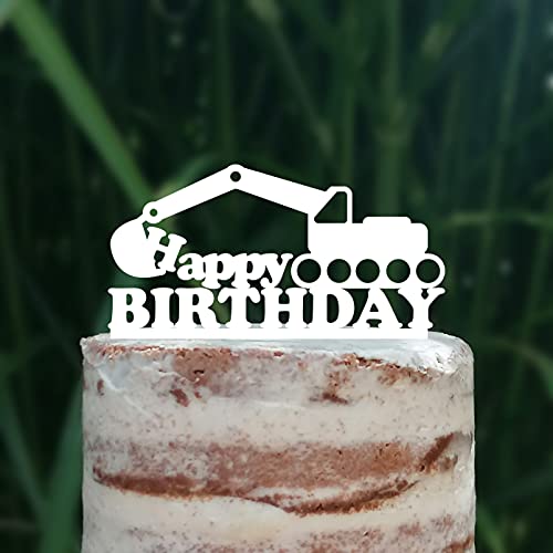 Cake Topper (Happy Birthday) Geburtstag Bagger Deko (Weiß) von Blacked LaserTEC