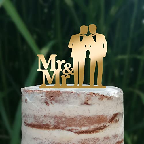 Cake Topper (Männerpaar), Mr & Mr, Hochzeit, Verlobung, Trauung, Acryl/Holz, Tortenstecker, Tortenfigur, Tortendeko, Hochzeitstorte, Mann und Mann, Herren, Gay, Schwul, Tortenständer (Gold) von Blacked LaserTEC