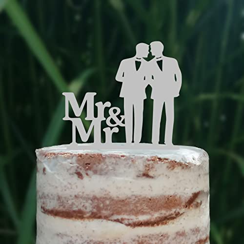 Cake Topper (Männerpaar), Mr & Mr, Hochzeit, Verlobung, Trauung, Acryl/Holz, Tortenstecker, Tortenfigur, Tortendeko, Hochzeitstorte, Mann und Mann, Herren, Gay, Schwul, Tortenständer (Grau) von Blacked LaserTEC