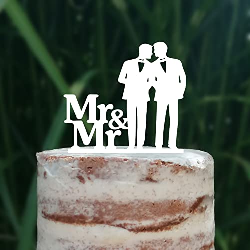 Cake Topper (Männerpaar), Mr & Mr, Hochzeit, Verlobung, Trauung, Acryl/Holz, Tortenstecker, Tortenfigur, Tortendeko, Hochzeitstorte, Mann und Mann, Herren, Gay, Schwul, Tortenständer (Weiß) von Blacked LaserTEC