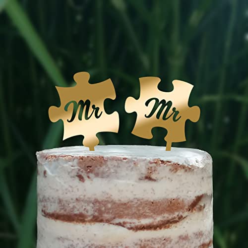 Cake Topper Puzzle, Mr & Mrs, Mr & Mr, Mrs & Mrs, Hochzeit, Verlobung, Acryl/Holz, Tortenstecker, Tortenfigur, Tortendeko, Hochzeitstorte, Herr und Frau, Tortenständer (Gold, Mr & Mr) von Blacked LaserTEC