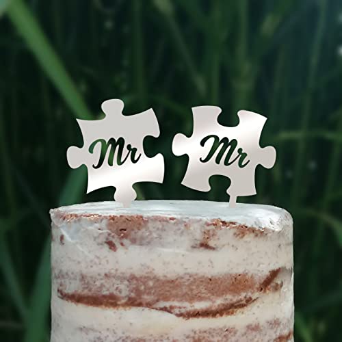 Cake Topper Puzzle, Mr & Mrs, Mr & Mr, Mrs & Mrs, Hochzeit, Verlobung, Acryl/Holz, Tortenstecker, Tortenfigur, Tortendeko, Hochzeitstorte, Herr und Frau, Tortenständer (Silber, Mr & Mr) von Blacked LaserTEC