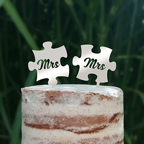 Cake Topper Puzzle, Mr & Mrs, Mr & Mr, Mrs & Mrs, Hochzeit, Verlobung, Acryl/Holz, Tortenstecker, Tortenfigur, Tortendeko, Hochzeitstorte, Herr und Frau, Tortenständer (Silber, Mrs & Mrs) von Blacked LaserTEC