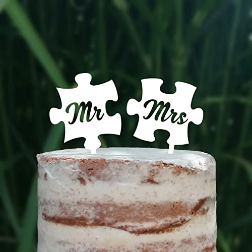 Cake Topper Puzzle, Mr & Mrs, Mr & Mr, Mrs & Mrs, Hochzeit, Verlobung, Acryl/Holz, Tortenstecker, Tortenfigur, Tortendeko, Hochzeitstorte, Herr und Frau, Tortenständer (Weiß, Mr & Mrs) von Blacked LaserTEC