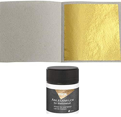 100 Blatt Blattgold Imitation Blattmetall Schlagmetall Set zum Vergolden & Basteln Kunst Handwerk Vergoldung Dekoration + 1 x Kreul Anlegemilch 50ml von Blattgold-Blattsilber