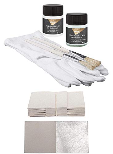 Starterset 100 Blatt Echtes Blattsilber 6 x 6 cm Echt Silber Set Versilbern & Basteln Silberblatt Silberfolie + 1x Kreul Anlegemilch Kleber 50ml + 1x Überzugslack 50ml + 1 Paar Handschuhe + 2 Pinsel von Blattgold-Blattsilber