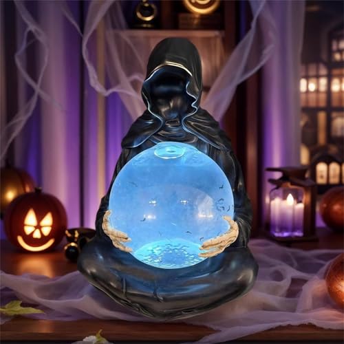 BlauHaus LED-Sensenmann-Dekoration für Halloween, The Death God's Crystal Ball, Sensenmann Skulptur Halloween Gothic Decor, Fantasy Bücherregal & Tischdeko von BlauHaus