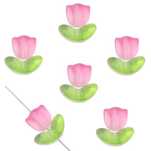 100 Sets (100 Stück Blume + 100 Stück Blatt) Tulpen-Blumen-Perlen aus Glas,Transparente Handgefertigt Lose Perlen zum Auffädeln Bastelperlen für Schmuckherstellung,Haar-Accessoires,Rosa von Blausky