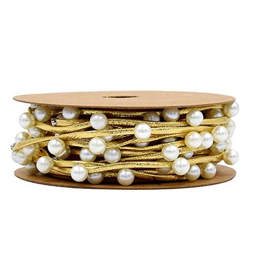 1x3m Perlenkette,6mm Breite Perlenband zum Basteln Kunstperlen Band Lederband mit Perlen Lederseil Dekoband Perlengirlande für DIY Schmuck Brautstrauß Hochzeit Party Tischdeko,Gold von Blausky
