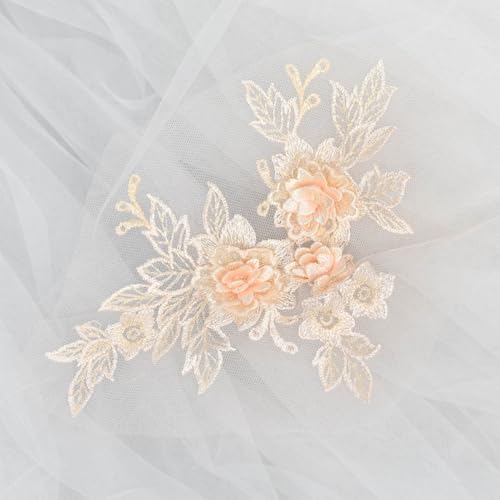 3D Stickerei Spitzenapplikation,Blumen Spitze Nähen Applikation,Gestickte Spitze Ausschnitt Blumenkragen Stickerei Patches Zubehör für DIY Cheongsam Hochzeit Brautkleid 15x20cm,Orange von Blausky