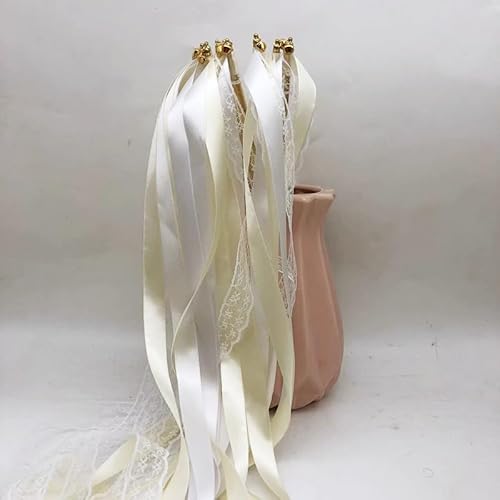 50 Stück Feenstäbe,Spitze Ribbon Zauberstäbe Wedding Wands Hochzeit Luftschlangen mit Glocken,Wedding Twirling Streamers Spitzenfeenstab für Hochzeit,Weihnachten Party Urlaub Feiern,Champagner von Blausky