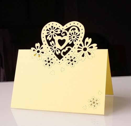 50 Stück Liebe Herz Laser Schnitt Namenskärtchen,Tischkarten Blanko,Platzkarte Klappkarten Platzkärtchen für Hochzeit Geburtstag Kommunion Taufe Party Festival Tischdekoration,9 x 12 cm,Zitronengelb von Blausky