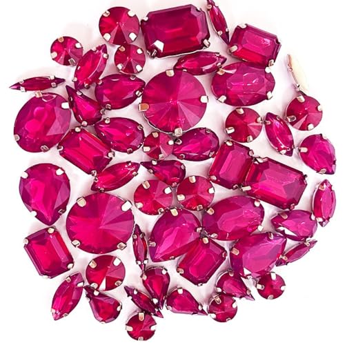 50 Stück Strasssteine zum Aufnähen,Metall Prong Einstellung Flatback Kristalle,Glitzersteine Formen vermischen Strasssteinen Handgenähtes Diamant-Zubehör für DIY-Kleidung Brautschuhe,Fuchsia B von Blausky