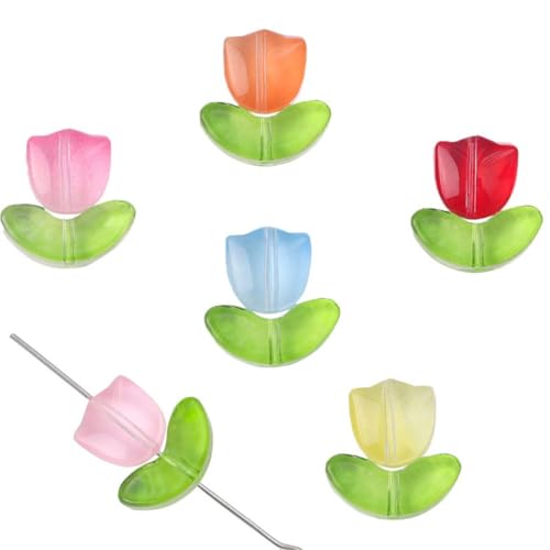 60 Sets (60 Stück Blume + 60 Stück Blatt) Tulpen-Blumen-Perlen aus Glas,Transparente Handgefertigt Lose Perlen zum Auffädeln Bastelperlen für Schmuckherstellung,Haar-Accessoires,Gemischt von Blausky