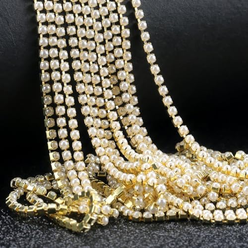 Blausky 1 Rolle 10m Strassband,Perlenband Perlenkette Strasskette Kristall-Strass-Klauen-Kettenbesatz Strassstreifen Glitzerband,Perlengirlande für DIY Basteln Schmuck Deko,Gold+Perle,1.5mm(SS4) von Blausky
