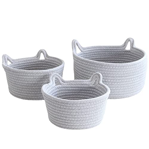Blausky 1 Stück Baumwollseil-Aufbewahrungskorb,Korb Aufbewahrung,Körbe Geflochten mit Katzenohren,Tapelbare Multifunktionelle Organizer Körbe,Wickeltisch Organizer,für Kinderzimmer Bad,Grau,M 21x12cm von Blausky