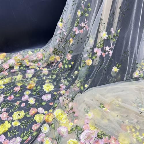 Blausky 1 Yard 3D Bestickter Blumen-Spitzenstoff,130cm Breiter Bestickter Tüll-Spitzenbesatz Tüllstoff Tüll Dekostoff zum Nähen für Hochzeitskleider Tutu Röcken Geschenk-Schleife,Gelb von Blausky