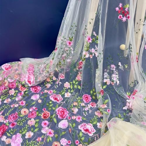Blausky 1 Yard 3D Bestickter Blumen-Spitzenstoff,130cm Breiter Bestickter Tüll-Spitzenbesatz Tüllstoff Tüll Dekostoff zum Nähen für Hochzeitskleider Tutu Röcken Geschenk-Schleife,Rot A von Blausky