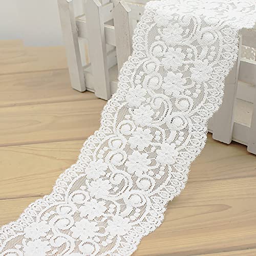 Blausky 10cm x 3m Elastizität Spitzenborte,Spitzenband Stretch Spitze Blume Borte,Breiter Dekorativ Spitzenstoff,Hochzeit Lace Trim Deko Band zum Nähen,für DIY Handwerk Dessous Tischdekoration,Weiß von Blausky