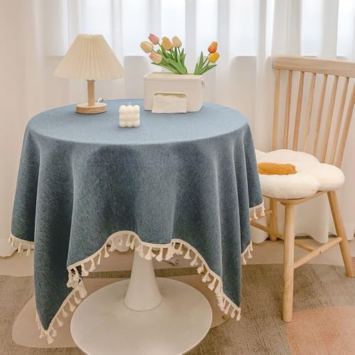 Blausky 140x140cm Volltonfarbe Quaste Tischdecke,Abwaschbar Tischtuch Tischdecken Elegant Baumwolle Leinen Tischwäsche Stoff-Tischdecke für Home Küche Speisetisch Garten Picknick,Graublau von Blausky
