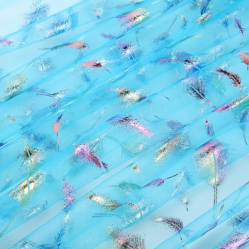 Blausky 150cm x 3m Tüll Stoff,Federtüll Meterware Sparkly Stoff Tüll Netz Netzstoff Dekostoff zum Nähen Tüll mit Bunte Federn Glitzer Tüll für DIY Basteln Tutu Rock Bogen Tischdeko,Blau von Blausky