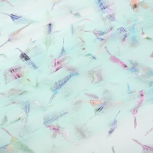 Blausky 150cm x 3m Tüll Stoff,Federtüll Meterware Sparkly Stoff Tüll Netz Netzstoff Dekostoff zum Nähen Tüll mit Bunte Federn Glitzer Tüll für DIY Basteln Tutu Rock Bogen Tischdeko,Hellgrün von Blausky
