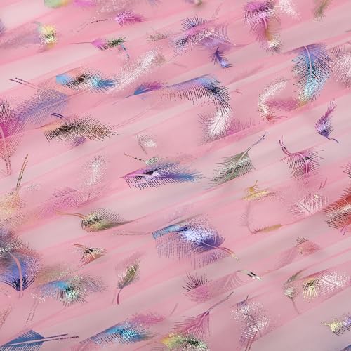 Blausky 150cm x 3m Tüll Stoff,Federtüll Meterware Sparkly Stoff Tüll Netz Netzstoff Dekostoff zum Nähen Tüll mit Bunte Federn Glitzer Tüll für DIY Basteln Tutu Rock Bogen Tischdeko,Pink von Blausky