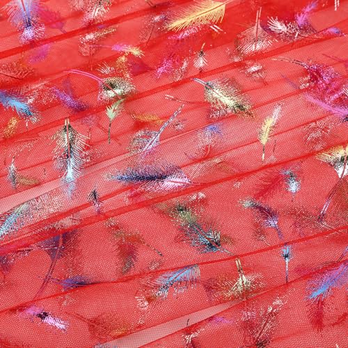 Blausky 150cm x 3m Tüll Stoff,Federtüll Meterware Sparkly Stoff Tüll Netz Netzstoff Dekostoff zum Nähen Tüll mit Bunte Federn Glitzer Tüll für DIY Basteln Tutu Rock Bogen Tischdeko,Rot von Blausky