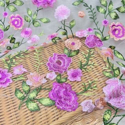 Blausky 2 Yards 3D Bestickter Blumen-Spitzenstoff,130cm Breiter Bestickter Tüll-Spitzenbesatz Tüllstoff Tüll Dekostoff zum Nähen für Hochzeitskleider Tutu Röcken Geschenk-Schleife,Rosenrot von Blausky