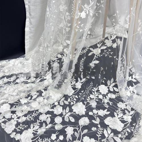 Blausky 2 Yards 3D Bestickter Blumen-Spitzenstoff,130cm Breiter Bestickter Tüll-Spitzenbesatz Tüllstoff Tüll Dekostoff zum Nähen für Hochzeitskleider Tutu Röcken Geschenk-Schleife,Weiß von Blausky