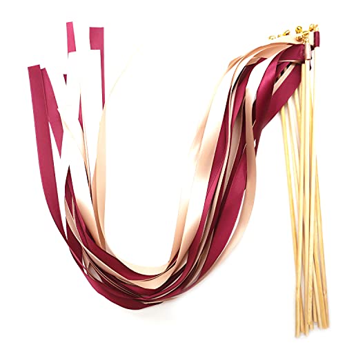 Blausky 20 Stück 30cm Wedding Wands,Bunt Seidenfeenstab Glücksstäbe Stäbe mit Glöckchen Hochzeit Luftschlangen Romantic Zauberstäbe für Geburtstage Party Feiertagsfeiern Hochzeit,Weinrot von Blausky