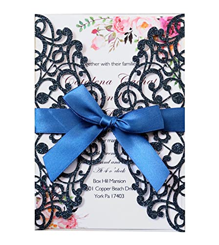 Blausky 20 Stück Glitzer Einladungskarten inkl. Umschlägen zum Hochzeit,Elegant Papier Einladungen Karte Partyeinladungen Geburtstagseinladungen Einladung mit Satinschleife für Feier,Dunkelblau von Blausky
