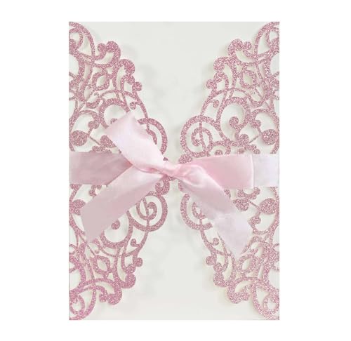 Blausky 20 Stück Glitzer Einladungskarten inkl. Umschlägen zum Hochzeit,Elegant Papier Einladungen Karte Partyeinladungen Geburtstagseinladungen Einladung mit Satinschleife für Feier,Rosa von Blausky