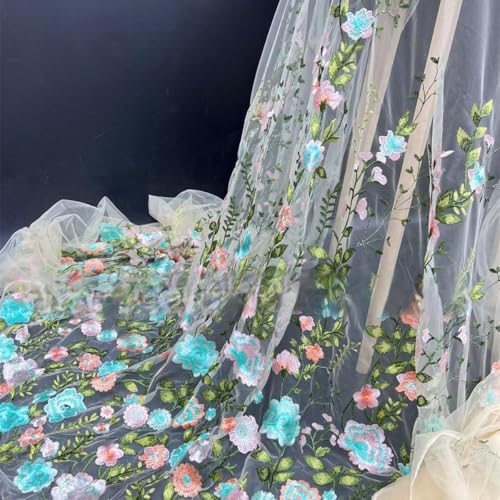 Blausky 3 Yards 3D Bestickter Blumen-Spitzenstoff,130cm Breiter Bestickter Tüll-Spitzenbesatz Tüllstoff Tüll Dekostoff zum Nähen für Hochzeitskleider Tutu Röcken Geschenk-Schleife,Himmelblau von Blausky