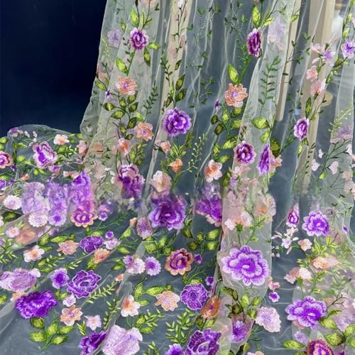 Blausky 3 Yards 3D Bestickter Blumen-Spitzenstoff,130cm Breiter Bestickter Tüll-Spitzenbesatz Tüllstoff Tüll Dekostoff zum Nähen für Hochzeitskleider Tutu Röcken Geschenk-Schleife,Lila von Blausky