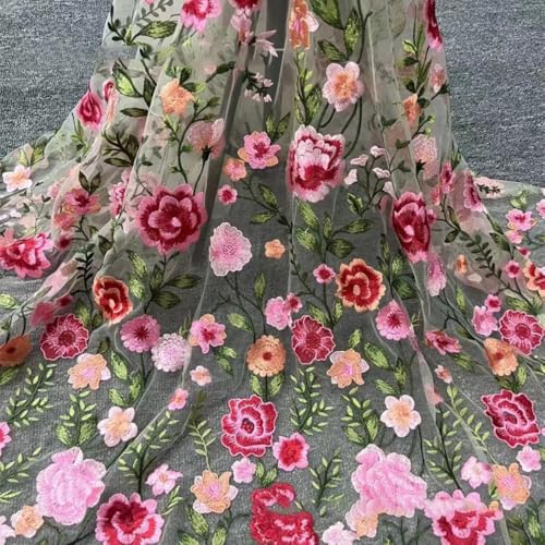 Blausky 3 Yards 3D Bestickter Blumen-Spitzenstoff,130cm Breiter Bestickter Tüll-Spitzenbesatz Tüllstoff Tüll Dekostoff zum Nähen für Hochzeitskleider Tutu Röcken Geschenk-Schleife,Rot B von Blausky
