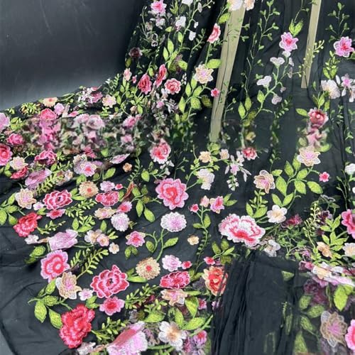 Blausky 3 Yards 3D Bestickter Blumen-Spitzenstoff,130cm Breiter Bestickter Tüll-Spitzenbesatz Tüllstoff Tüll Dekostoff zum Nähen für Hochzeitskleider Tutu Röcken Geschenk-Schleife,Rot C von Blausky