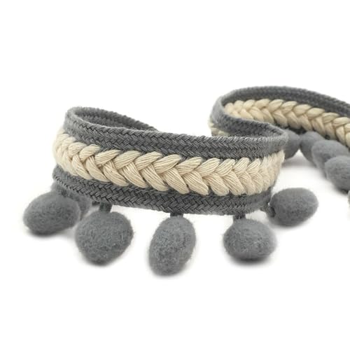 Blausky 3.5cm x 20 Yards Pomponborte,Bunt Pom Poms Quaste Bommelborte im ethnischen Stil Fransenborte Quaste Trim Pompoms Bänder Quastenband zum Nähen für DIY Kleidung Vorhang Kissen Deko,Grau von Blausky