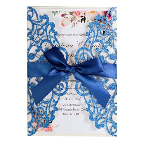 Blausky 6 Stück Glitzer Einladungskarten inkl. Umschlägen zum Hochzeit,Elegant Papier Einladungen Karte Partyeinladungen Geburtstagseinladungen Einladung mit Satinschleife für Feier,Blau von Blausky