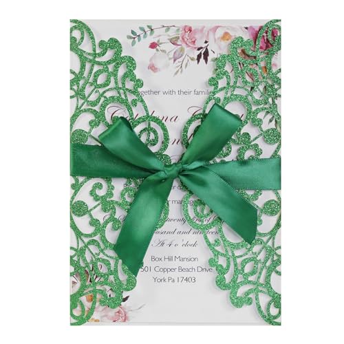 Blausky 6 Stück Glitzer Einladungskarten inkl. Umschlägen zum Hochzeit,Elegant Papier Einladungen Karte Partyeinladungen Geburtstagseinladungen Einladung mit Satinschleife für Feier,Dunkelgrün von Blausky