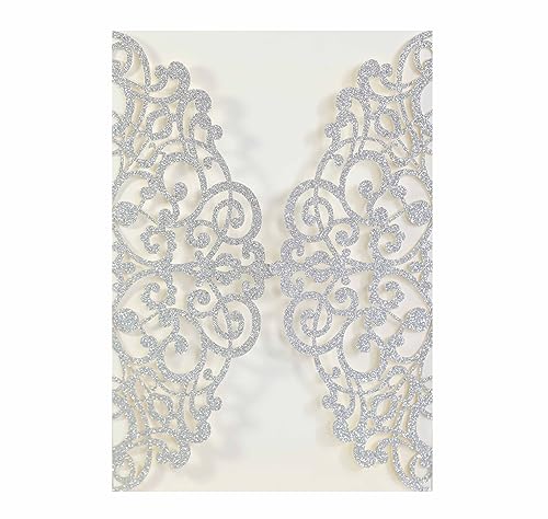Blausky 6 Stück Glitzer Einladungskarten inkl. Umschlägen zum Hochzeit,Elegant Papier Einladungen Karte Partyeinladungen Geburtstagseinladungen Einladung mit Satinschleife für Feier,Silber von Blausky