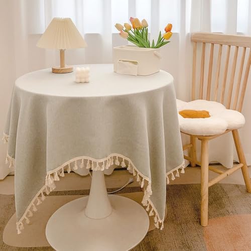 Blausky 90x140cm Volltonfarbe Quaste Tischdecke,Abwaschbar Tischtuch Tischdecken Elegant Baumwolle Leinen Tischwäsche Stoff-Tischdecke für Home Küche Speisetisch Garten Picknick,Beigegrau von Blausky