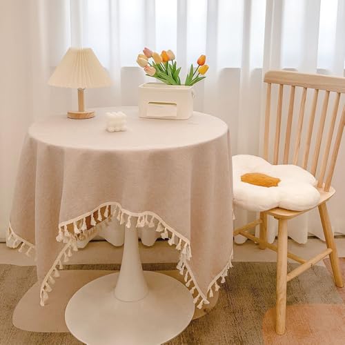 Blausky 90x140cm Volltonfarbe Quaste Tischdecke,Abwaschbar Tischtuch Tischdecken Elegant Baumwolle Leinen Tischwäsche Stoff-Tischdecke für Home Küche Speisetisch Garten Picknick,Hellbeige von Blausky