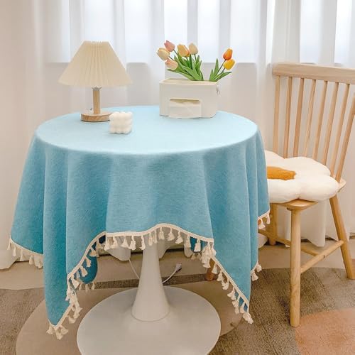 Blausky 90x140cm Volltonfarbe Quaste Tischdecke,Abwaschbar Tischtuch Tischdecken Elegant Baumwolle Leinen Tischwäsche Stoff-Tischdecke für Home Küche Speisetisch Garten Picknick,Himmelblau von Blausky